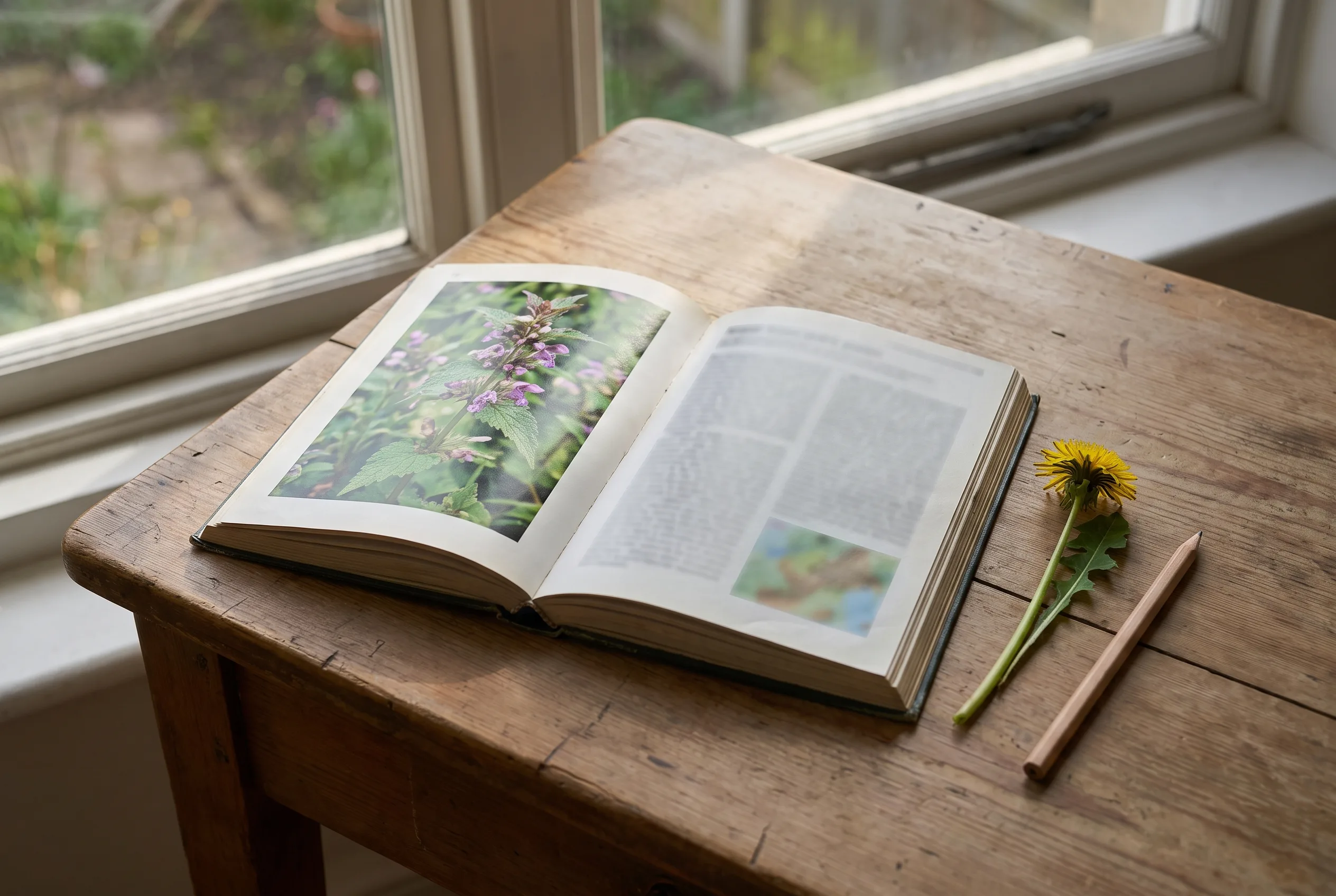 A foraging field guide open on a table, with a photo, a plant-identification page, and a dandelion sprig alongside